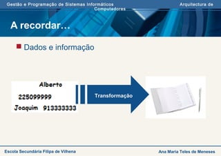 Gestão e Programação de Sistemas Informáticos Arquitectura de
Computadores
Escola Secundária Filipa de Vilhena Ana Maria Teles de Meneses
A recordar…
 Dados e informação
Transformação
 