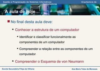 Gestão e Programação de Sistemas Informáticos Arquitectura de
Computadores
Ana Maria Teles de MenesesEscola Secundária Filipa de Vilhena
A aula de hoje…
 No final desta aula deve:
 Conhecer a estrutura de um computador
 Identificar e classificar funcionalmente as
componentes de um computador
 Compreender a relação entre as componentes de um
computador
 Compreender o Esquema de von Neumann
 