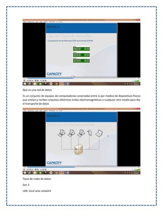 Que es una red de datos
Es un conjunto de equipos de computadoras conectadas entre si por medios de dispositivos físicos
que envían y reciben impulsos eléctricos ondas electromagnéticas o cualquier otro medio para dar
el transporte de datos
Tipos de redes de datos
Son 3
LAN: local area network
 