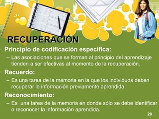 RECUPERACIÓNPrincipio de codificación específica:Las asociaciones que se forman al principio del aprendizaje tienden a ser efectivas al momento de la recuperación.Recuerdo:Es una tarea de la memoria en la que los individuos deben recuperar la información previamente aprendida.Reconocimiento:Es  una tarea de la memoria en donde sólo se debe identificar o reconocer la información aprendida.20
