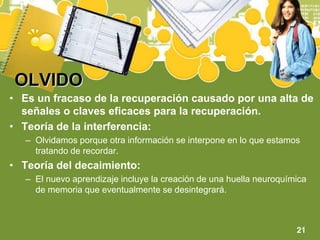 OLVIDOEs un fracaso de la recuperación causado por una alta de señales o claves eficaces para la recuperación.Teoría de la interferencia:Olvidamos porque otra información se interpone en lo que estamos tratando de recordar.Teoría del decaimiento:El nuevo aprendizaje incluye la creación de una huella neuroquímica de memoria que eventualmente se desintegrará.21