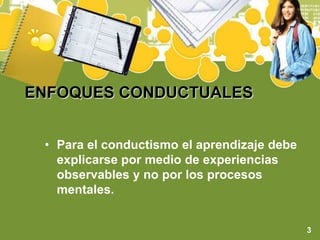 ENFOQUES CONDUCTUALESPara el conductismo el aprendizaje debe explicarse por medio de experiencias observables y no por los procesos mentales.3