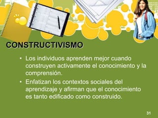 CONSTRUCTIVISMOLos individuos aprenden mejor cuando construyen activamente el conocimiento y la comprensión.Enfatizan los contextos sociales del aprendizaje y afirman que el conocimiento es tanto edificado como construido.31