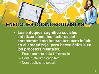 ENFOQUES COGNOSCITIVISTASLos enfoques cognitivo sociales enfatizan cómo los factores del comportamiento interactúan para influir en el aprendizaje, pero hacen énfasis en los procesos mentales.Procesamiento de la informaciónConstructivismo cognitivoConstructivismo social.4