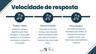 Velocidadederesposta
Estabeleça momentos
específicos para checar
mensagens e comunicações,
mantendo-se no controle da
sua atenção e otimizando a
concentração.
Comunique-se de forma
sucinta e clara. Respostas
diretas economizam tempo
para todos os envolvidos e
fomentam uma comunicação
fluida.
Reconheça situações que
demandam ação imediata. Ao
responder prontamente a
questões cruciais, você
reafirma seu comprometimento
e destreza.
Tempo exato Assertividade Prioridades
 