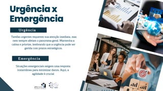 Urgênciax
Emergência
Urgência
Tarefas urgentes requerem sua atenção imediata, mas
nem sempre afetam o panorama geral. Mantenha a
calma e priorize, lembrando que a urgência pode ser
gerida com prazos estratégicos.
Situações emergenciais exigem uma resposta
instantânea para minimizar danos. Aqui, a
agilidade é crucial
Emergência
 