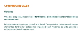 1. PROPOSTA DE VALOR
Conceito
Uma boa proposta, depende de identiﬁcar os elementos de valor mais comuns
ao consumidor.
Foi exatamente isso que a consultoria Bain & Company fez, determinando esses
elementos dentro de 4 categorias: Impacto Social, Mudança de Vida, Benefício
Emocional e Benefício Funcional.
 