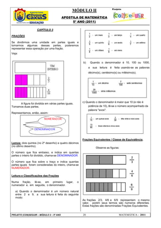 MÓDULO II
APOSTILA DE MATEMÁTICA
5º ANO (2011)
PROJETO (CON)SEGUIR – MÓDULO 2 – 5º ANO 20 MATEMÁTICA - 2011
CAPÍTULO 3
FRAÇÕES
Se dividirmos uma unidade em partes iguais e
tomarmos algumas dessas partes, poderemos
representar essa operação por uma fração.
Veja:
A figura foi dividida em várias partes iguais.
Tomamos duas partes.
Representamos, então, assim:
Lemos: dois quintos (no 2º desenho) e quatro décimos
(no último desenho).
O número que fica embaixo, e indica em quantas
partes o inteiro foi dividido, chama-se DENOMINADOR.
O número que fica sobre o traço e indica quantas
partes iguais foram consideradas do inteiro, chama-se
NUMERADOR.
Leitura e Classificações das Frações
Numa fração, lê-se, em primeiro lugar, o
numerador e, em seguida, o denominador.
a) Quando o denominador é um número natural
entre 2 e 9, a sua leitura é feita do seguinte
modo:
b) Quando o denominador é 10, 100 ou 1000,
a sua leitura é feita usando-se as palavras
décimo(s), centésimo(s) ou milésimo(s).
c) Quando o denominador é maior que 10 (e não é
potência de 10), lê-se o número acompanhado da
palavra "avos".
Frações Equivalentes / Classe de Equivalência.
Observe as figuras:
As frações 2/3, 4/6 e 6/9 representam o mesmo
valor, porém seus termos são números diferentes.
Estas frações são denominadas Frações Equivalentes.
 