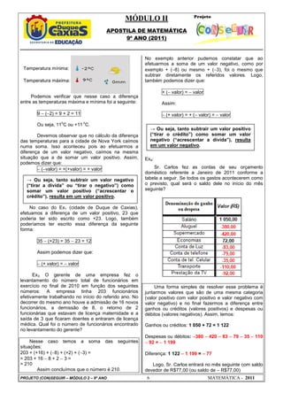 MÓDULO II
APOSTILA DE MATEMÁTICA
9º ANO (2011)
PROJETO (CON)SEGUIR – MÓDULO 2 – 9º ANO 6 MATEMÁTICA - 2011
Temperatura máxima:
Temperatura mínima:
Podemos verificar que nesse caso a diferença
entre as temperaturas máxima e mínima foi a seguinte:
9 − (−2) = 9 + 2 = 11
Ou seja, 11
o
C ou +11
o
C.
Devemos observar que no cálculo da diferença
das temperaturas para a cidade de Nova York caímos
numa soma. Isso aconteceu pois ao efetuarmos a
diferença de um valor negativo, caímos na mesma
situação que a de somar um valor positivo. Assim,
podemos dizer que:
− (−valor) = +(+valor) = + valor
No caso do Ex1 (cidade de Duque de Caxias),
efetuamos a diferença de um valor positivo, 23 que
poderia ter sido escrito como +23. Logo, também
poderíamos ter escrito essa diferença da seguinte
forma:
35 − (+23) = 35 − 23 = 12
Assim podemos dizer que:
− (+ valor) = − valor
Ex3: O gerente de uma empresa fez o
levantamento do número total de funcionários em
exercício no final de 2010 em função dos seguintes
números: A empresa tinha 203 funcionários
efetivamente trabalhando no início do referido ano. No
decorrer do mesmo ano houve a admissão de 16 novos
funcionários, a demissão de 8, o retorno de 2
funcionárias que estavam de licença maternidade e a
saída de 3 que ficaram doentes e entraram de licença
médica. Qual foi o número de funcionários encontrado
no levantamento do gerente?
Nesse caso temos a soma das seguintes
situações:
203 + (+16) + (−8) + (+2) + (−3) =
= 203 + 16 − 8 + 2 − 3 =
= 210
Assim concluímos que o número é 210.
No exemplo anterior pudemos constatar que ao
efetuarmos a soma de um valor negativo, como por
exemplo + (−8) ou mesmo + (−3), foi o mesmo que
subtrair diretamente os referidos valores. Logo,
também podemos dizer que:
+ (− valor) = − valor
Assim:
− (+ valor) = + (− valor) = − valor
Ex4:
Sr. Carlos fez as contas de seu orçamento
doméstico referente a Janeiro de 2011 conforme a
tabela a seguir. Se todos os gastos acontecerem como
o previsto, qual será o saldo dele no início do mês
seguinte?
Uma forma simples de resolver esse problema é
juntarmos valores que são de uma mesma categoria
(valor positivo com valor positivo e valor negativo com
valor negativo) e no final fazermos a diferença entre
ganhos ou créditos (valores positivos) e despesas ou
débitos (valores negativos). Assim, temos:
Ganhos ou créditos: 1 050 + 72 = 1 122
Despesas ou débitos: −
−
−
−380 −
−
−
− 420 −
−
−
− 83 −
−
−
− 79 −
−
−
− 35 −
−
−
− 110
−
−
−
− 92 = −
−
−
− 1 199
Diferença: 1 122 −
−
−
− 1 199 = −
−
−
− 77
Logo, Sr. Carlos entrará no mês seguinte com saldo
devedor de R$77,00 (ou saldo de – R$77,00)
→ Ou seja, tanto subtrair um valor negativo
(“tirar a dívida” ou “tirar o negativo”) como
somar um valor positivo (“acrescentar o
crédito”), resulta em um valor positivo.
→ Ou seja, tanto subtrair um valor positivo
(“tirar o crédito”) como somar um valor
negativo (“acrescentar a dívida”), resulta
em um valor negativo.
 