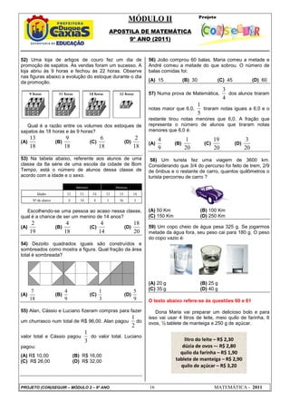 MÓDULO II
APOSTILA DE MATEMÁTICA
9º ANO (2011)
PROJETO (CON)SEGUIR – MÓDULO 2 – 9º ANO 16 MATEMÁTICA - 2011
52) Uma loja de artigos de couro fez um dia de
promoção de sapatos. As vendas foram um sucesso. A
loja abriu às 9 horas e fechou às 22 horas. Observe
nas figuras abaixo a evolução do estoque durante o dia
da promoção.
Qual é a razão entre os volumes dos estoques de
sapatos às 18 horas e às 9 horas?
(A)
18
13
(B)
18
9
(C)
18
6
(D)
18
2
53) Na tabela abaixo, referente aos alunos de uma
classe da 8a série de uma escola da cidade de Bom
Tempo, está o número de alunos dessa classe de
acordo com a idade e o sexo.
Escolhendo-se uma pessoa ao acaso nessa classe,
qual é a chance de ser um menino de 14 anos?
(A)
19
2
(B)
18
4
(C)
14
4
(D)
20
18
54) Dezoito quadrados iguais são construídos e
sombreados como mostra a figura. Qual fração da área
total é sombreada?
(A)
7
18
(B)
4
9
(C)
1
3
(D)
5
9
55) Alan, Cássio e Luciano fizeram compras para fazer
um churrasco num total de R$ 96,00. Alan pagou
2
1
do
valor total e Cássio pagou
3
1
do valor total. Luciano
pagou:
(A) R$ 10,00 (B) R$ 16,00
(C) R$ 26,00 (D) R$ 32,00
56) João comprou 60 balas. Maria comeu a metade e
André comeu a metade do que sobrou. O número de
balas comidas foi:
(A) 15 (B) 30 (C) 45 (D) 60
57) Numa prova de Matemática,
4
3
dos alunos tiraram
notas maior que 6,0,
5
1
tiraram notas iguais a 6,0 e o
restante tirou notas menores que 6,0. A fração que
representa o número de alunos que tiraram notas
menores que 6,0 é:
(A)
9
4
(B)
20
1
(C)
20
19
(D)
20
3
58) Um turista fez uma viagem de 3600 km.
Considerando que 3/4 do percurso foi feito de trem, 2/9
de ônibus e o restante de carro, quantos quilômetros o
turista percorreu de carro ?
(A) 50 Km (B) 100 Km
(C) 150 Km (D) 250 Km
59) Um copo cheio de água pesa 325 g. Se jogarmos
metade da água fora, seu peso cai para 180 g. O peso
do copo vazio é:
(A) 20 g (B) 25 g
(C) 35 g (D) 40 g
O texto abaixo refere-se às questões 60 e 61
Dona Maria vai preparar um delicioso bolo e para
isso vai usar 4 litros de leite, meio quilo de farinha, 6
ovos, ½ tablete de manteiga e 250 g de açúcar.
litro do leite – R$ 2,30
dúzia de ovos –- R$ 2,80
quilo da farinha – R$ 1,90
tablete de manteiga – R$ 2,90
quilo de açúcar – R$ 3,20
 