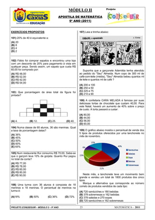 MÓDULO II
APOSTILA DE MATEMÁTICA
9º ANO (2011)
PROJETO (CON)SEGUIR – MÓDULO 2 – 9º ANO 23 MATEMÁTICA - 2011
EXERCÍCIOS PROPOSTOS
101) 20% de 40 é equivalente a:
(A) 20
(B) 8
(C) 4
(D) 2
102) Fábio foi comprar sapatos e encontrou uma loja
com um desconto de 20% para pagamento à vista em
qualquer peça. Sendo assim, um sapato que custa R$
60,00 foi comprado por:
(A) R$ 48,00
(B) R$ 52,00
(C) R$ 42,00
(D) R$ 54,00
103) Que porcentagem da área total da figura foi
pintada?
(A) 4. (B) 12. (C) 25. (D) 40.
104) Numa classe de 60 alunos, 36 são meninas. Qual
a taxa de porcentagem delas?
(A) 36%
(B) 45%
(C) 50%
(D) 60%
(E) 65%
105) Num restaurante Rui consumiu R$ 70,00. Sabe-se
que o garçom leva 10% de gorjeta. Quanto Rui pagou
no total da conta?
(A) R$ 77,00
(B) R$ 78,00
(C) R$ 60,00
(D) R$ 80,00
(E) R$ 90,00
106) Uma turma com 36 alunos é composta de 18
meninos e 18 meninas. O percentual de meninos na
turma é:
(A)18% (B) 50% (C) 36% (D) 72%
107) Leia a tirinha abaixo:
Suponha que a garçonete Ademilda tenha atendido
ao pedido do "Seu" Almeida. Num copo de 300 ml de
café-com-leite (média), "Seu" Almeida bebeu quantos ml
de leite e quantos ml de café ?
(A) 200 e 100
(B) 250 e 50
(C) 225 e 75
(D) 210 e 90
108) A confeitaria CARA MELADA é famosa por suas
deliciosas tortas de chocolate que custam 40,00. Para
este Natal, haverá um aumento de 40% sobre o preço
de custo. A torta passará a custar:
(A) 80,00
(B) 44,00
(C) 56,00
(D) 60,00
109) O gráfico abaixo mostra o percentual de venda dos
5 tipos de produtos oferecidos por uma lanchonete no
mês de novembro.
Neste mês, a lanchonete teve um movimento bem
grande e vendeu um total de 1800 produtos dos cinco
tipos.
Marque a alternativa que corresponde ao número
correto de produtos vendidos de cada tipo:
(A) 720 sanduíches e 180 bebidas
(B) 378 sobremesas e 162 bebidas
(C) 378 saladas e 270 sopas
(D) 720 sanduíches e 162 sobremesas
 