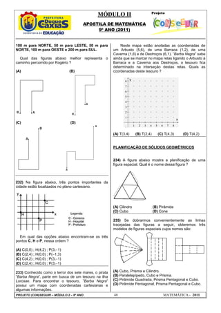 MÓDULO II
APOSTILA DE MATEMÁTICA
9º ANO (2011)
PROJETO (CON)SEGUIR – MÓDULO 2 – 9º ANO 48 MATEMÁTICA - 2011
100 m para NORTE, 50 m para LESTE, 50 m para
NORTE, 100 m para OESTE e 200 m para SUL.
Qual das figuras abaixo melhor representa o
caminho percorrido por Rogério ?
(A) (B)
(C) (D)
232) Na figura abaixo, três pontos importantes da
cidade estão localizados no plano cartesiano.
Em qual das opções abaixo encontram-se os três
pontos C, H e P, nessa ordem ?
(A) C(0,0) ; H(4,2) ; P(3,−1)
(B) C(2,4) ; H(0,0) ; P(−1,3)
(C) C(4,2) ; H(0,0) ; P(3,−1)
(D) C(2,4) ; H(0,0) ; P(3,−1)
233) Conhecido como o terror dos sete mares, o pirata
”Barba Negra”, parte em busca de um tesouro na ilha
Lorosae. Para encontrar o tesouro, ”Barba Negra”
possui um mapa com coordenadas cartesianas e
algumas informações.
Neste mapa estão anotadas as coordenadas de
um Arbusto (5,6), de uma Barraca (1,2), de uma
Caverna (1,6) e de Destroços (6,1). ”Barba Negra” sabe
ainda que se marcar no mapa retas ligando o Arbusto à
Barraca e a Caverna aos Destroços, o tesouro fica
determinado na interseção destas retas. Quais as
coordenadas deste tesouro ?
−1 1 2 3 4 5 6 7 8
−1
1
2
3
4
5
6
7
8
x
y
(A) T(3,4) (B) T(2,4) (C) T(4,3) (D) T(4,2)
PLANIFICAÇÃO DE SÓLIDOS GEOMÉTRICOS
234) A figura abaixo mostra a planificação de uma
figura espacial. Qual é o nome dessa figura ?
(A) Cilindro (B) Pirâmide
(C) Cubo (D) Cone
235) Se dobrarmos convenientemente as linhas
tracejadas das figuras a seguir, obteremos três
modelos de figuras espaciais cujos nomes são:
(A) Cubo, Prisma e Cilindro.
(B) Paralelepípedo, Cubo e Prisma.
(C) Pirâmide Quadrada, Prisma Pentagonal e Cubo.
(D) Pirâmide Pentagonal, Prisma Pentagonal e Cubo.
 