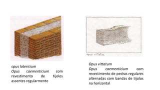 Opus latericium
Opus caementicium com
revestimento de tijolos
assentes regularmente
Opus vittatum
Opus caementicium com
revestimento de pedras regulares
alternadas com bandas de tijolos
na horizontal
 