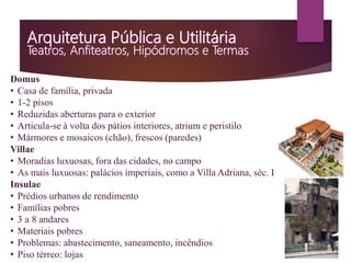Domus
• Casa de família, privada
• 1-2 pisos
• Reduzidas aberturas para o exterior
• Articula-se à volta dos pátios interiores, atrium e peristilo
• Mármores e mosaicos (chão), frescos (paredes)
Villae
• Moradias luxuosas, fora das cidades, no campo
• As mais luxuosas: palácios imperiais, como a Villa Adriana, séc. I
Insulae
• Prédios urbanos de rendimento
• Famílias pobres
• 3 a 8 andares
• Materiais pobres
• Problemas: abastecimento, saneamento, incêndios
• Piso térreo: lojas
 