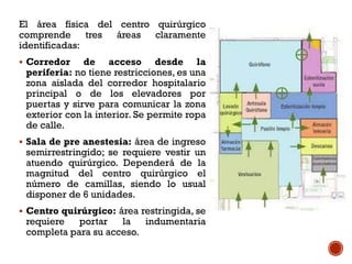 El área física del centro quirúrgico
comprende tres áreas claramente
identificadas:
 Corredor de acceso desde la
periferia: no tiene restricciones, es una
zona aislada del corredor hospitalario
principal o de los elevadores por
puertas y sirve para comunicar la zona
exterior con la interior. Se permite ropa
de calle.
 Sala de pre anestesia: área de ingreso
semirrestringido; se requiere vestir un
atuendo quirúrgico. Dependerá de la
magnitud del centro quirúrgico el
número de camillas, siendo lo usual
disponer de 6 unidades.
 Centro quirúrgico: área restringida, se
requiere portar la indumentaria
completa para su acceso.
 