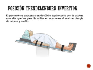 El paciente se encuentra en decúbito supino pero con la cabeza
más alta que los pies. Se utiliza en ocasiones al realizar cirugía
de cabeza y cuello.
 