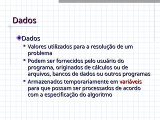Dados
Dados
Dados
Dados

Valores utilizados para a resolução de um
Valores utilizados para a resolução de um
problema
problema

Podem ser fornecidos pelo usuário do
Podem ser fornecidos pelo usuário do
programa, originados de cálculos ou de
programa, originados de cálculos ou de
arquivos, bancos de dados ou outros programas
arquivos, bancos de dados ou outros programas

Armazenados temporariamente em
Armazenados temporariamente em variáveis
variáveis
para que possam ser processados de acordo
para que possam ser processados de acordo
com a especificação do algoritmo
com a especificação do algoritmo
 