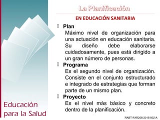 EN EDUCACIÓN SANITARIA
RABT-FAR208-2015-002-A
 Plan
Máximo nivel de organización para
una actuación en educación sanitaria.
Su diseño debe elaborarse
cuidadosamente, pues está dirigido a
un gran número de personas.
 Programa
Es el segundo nivel de organización.
Consiste en el conjunto estructurado
e integrado de estrategias que forman
parte de un mismo plan.
 Proyecto
Es el nivel más básico y concreto
dentro de la planificación.
 