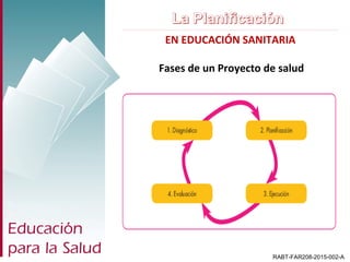 EN EDUCACIÓN SANITARIA
RABT-FAR208-2015-002-A
Fases de un Proyecto de salud
 
