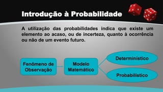 Introdução à Probabilidade
A utilização das probabilidades indica que existe um
elemento ao acaso, ou de incerteza, quanto à ocorrência
ou não de um evento futuro.
Fenômeno de
Observação
Modelo
Matemático
Determinístico
Probabilístico
 