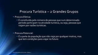 Procura Turística – 2 Grandes Grupos
• Procura Efetiva:
• É constituída pelo número de pessoas que num determinado
período participam na atividade turística, ou seja, pessoas que
viajam por razões turísticas.
• Procura Potencial:
• É a parte da população que não viaja por qualquer motivo, mas
que tem condições para viajar no futuro
Escola Secundária de Vila Verde - Módulo 2 12
 