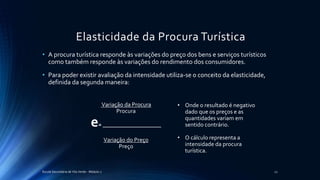 Elasticidade da Procura Turística
• A procura turística responde às variações do preço dos bens e serviços turísticos
como também responde às variações do rendimento dos consumidores.
• Para poder existir avaliação da intensidade utiliza-se o conceito da elasticidade,
definida da segunda maneira:
Escola Secundária de Vila Verde - Módulo 2 22
Variação da Procura
Procura
e= ____________________
Variação do Preço
Preço
• Onde o resultado é negativo
dado que os preços e as
quantidades variam em
sentido contrário.
• O cálculo representa a
intensidade da procura
turística.
 