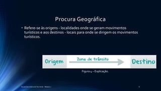 Procura Geográfica
• Refere-se às origens - localidades onde se geram movimentos
turísticos e aos destinos - locais para onde se dirigem os movimentos
turísticos.
Escola Secundária de Vila Verde - Módulo 2 8
Figura 4 – Explicação.
 