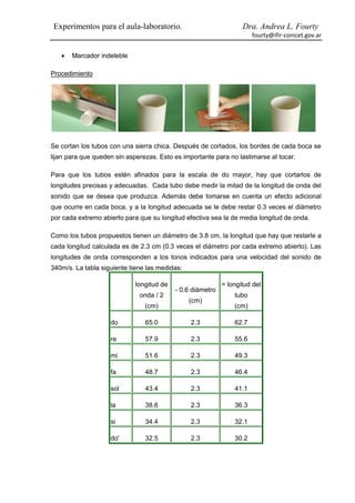 Experimentos para el aula-laboratorio.                             Dra. Andrea L. Fourty
                                                                       fourty@ifir-conicet.gov.ar


      Marcador indeleble

Procedimiento




Se cortan los tubos con una sierra chica. Después de cortados, los bordes de cada boca se
lijan para que queden sin asperezas. Esto es importante para no lastimarse al tocar.

Para que los tubos estén afinados para la escala de do mayor, hay que cortarlos de
longitudes precisas y adecuadas. Cada tubo debe medir la mitad de la longitud de onda del
sonido que se desea que produzca. Además debe tomarse en cuenta un efecto adicional
que ocurre en cada boca, y a la longitud adecuada se le debe restar 0.3 veces el diámetro
por cada extremo abierto para que su longitud efectiva sea la de media longitud de onda.

Como los tubos propuestos tienen un diámetro de 3.8 cm, la longitud que hay que restarle a
cada longitud calculada es de 2.3 cm (0.3 veces el diámetro por cada extremo abierto). Las
longitudes de onda corresponden a los tonos indicados para una velocidad del sonido de
340m/s. La tabla siguiente tiene las medidas:

                             longitud de                    = longitud del
                                           - 0.6 diámetro
                              onda / 2                          tubo
                                                (cm)
                                (cm)                            (cm)

                    do          65.0            2.3             62.7

                    re          57.9            2.3             55.6

                    mi          51.6            2.3             49.3

                    fa          48.7            2.3             46.4

                    sol         43.4            2.3             41.1

                    la          38.6            2.3             36.3

                    si          34.4            2.3             32.1

                    do'         32.5            2.3             30.2
 