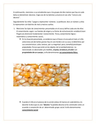 A continuación, menciona a sus estudiantes que a los grupos de diez maíces que hay en cada
bolsa se denominan decenas. Coge una de las bolsitas y anuncia en voz alta: “esto es una
decena”.
Seguidamente los niños “juegan a representar números. La profesora dice un número y ellos
lo representan con bolsitas de maíz y maíces sueltos.
1. Mencione los tipos de conocimientos presentados en el caso y defina cada uno de ellos:
El conocimiento según sus fuentes de origen y su forma de estructuración estableció Jean
Piaget una distinción fundamental: Conocimiento físico, conocimiento lógico -
matemático y conocimiento social,.
 En la situación presentada, se evidencia que al llevar a la escuela el maíz, el niño
selecciona uno de tantos granos hay en una tienda o en su casa, lo determina por
sus características: color, textura, por su magnitud: peso, tamaño(constituyen
propiedades físicas que están en los objetos de la realidad externa). Lo
mencionado es observable y/o medible, el peso, la textura, el color son
propiedades de un cuerpo, a ello denominamos un conocimiento físico.
 Cuando el niño en el proceso de la sesión coloca 10 maíces en cada bolsita y la
docente le dice que es una “decena “la palabra decena se ha construido como un
acuerdo o convención de un determinado grupo social. A ello denominamos
conocimiento social
 