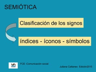 Clasificación de los signos
índices - íconos - símbolos
FCE -Comunicación social
Juliana Cattaneo Edición2015
SEMIÓTICA
 