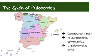 The Spain of Autonomies 
➔ Constitution (1978) 
➔ 17 autonomous 
communities 
➔ 2 autonomous 
cities 
 
