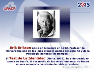 Erik Erikson nació en Alemania en 1902. Profesor de Harvard fue uno de los más grandes genios del siglo XX y de la Psicología de todos los tiempos. El Test de La Identidad (Molla, 1979), ha sido creado en base a su Teoría. El desarrollo de los seres humanos, se basan en una secuencia constante de crisis y cambios.