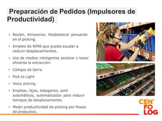 Preparación de Pedidos (Impulsores de
Productividad)
• Recibir, Almacenar, Reabastecer pensando
en el picking.
• Empleo de WMS que pueda ayudar a
reducir desplazamientos.
• Uso de medios inteligentes acelerar y hacer
eficiente la extracción:
• Códigos de barra.
• Pick to Light
• Voice picking.
• Emplear, fajas, toboganes, semi
automáticos, automatizados para reducir
tiempos de desplazamiento.
• Medir productividad de picking por líneas
de productos.
 