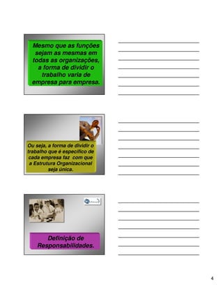 Mesmo que as funções
   sejam as mesmas em
  todas as organizações,
    a forma de dividir o
     trabalho varia de
  empresa para empresa.




Ou seja, a forma de dividir o
trabalho que é específico de
 cada empresa faz com que
 a Estrutura Organizacional
         seja única.




       Definição de
    Responsabilidades.




                                4
 