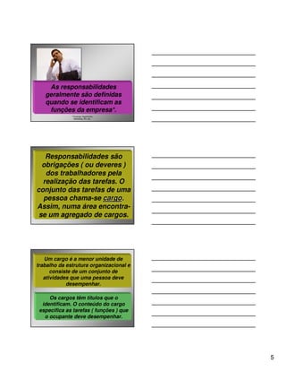 As responsabilidades
   geralmente são definidas
   quando se identificam as
    funções da empresa*.
              * Finanças, Suprimento,
                 Marketing, RH, etc.




   Responsabilidades são
  obrigações ( ou deveres )
   dos trabalhadores pela
  realização das tarefas. O
conjunto das tarefas de uma
  pessoa chama-se cargo.
                     cargo
Assim, numa área encontra-
 se um agregado de cargos.




   Um cargo é a menor unidade de
trabalho da estrutura organizacional e
      consiste de um conjunto de
   atividades que uma pessoa deve
            desempenhar.

     Os cargos têm títulos que o
  identificam. O conteúdo do cargo
 especifica as tarefas ( funções ) que
   o ocupante deve desempenhar.




                                         5
 