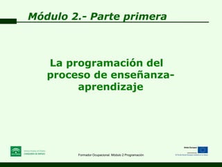 Módulo 2.- Parte primera



   La programación del
   proceso de enseñanza-
        aprendizaje




        Formador Ocupacional. Módulo 2 Programación
 