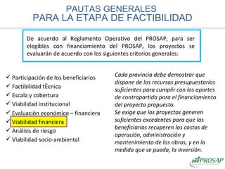 Evaluación económico – financiera Factibilidad técnica Viabilidad institucional Escala y cobertura De acuerdo al Reglamento Operativo del PROSAP, para ser elegibles con financiamiento del PROSAP, los proyectos se evaluarán de acuerdo con los siguientes criterios generales:  Participación de los beneficiarios Viabilidad financiera Análisis de riesgo Viabilidad socio-ambiental PAUTAS GENERALES  PARA LA ETAPA DE FACTIBILIDAD Cada provincia debe demostrar que dispone de los recursos presupuestarios suficientes para cumplir con los aportes de contrapartida para el financiamiento del proyecto propuesto. Se exige que los proyectos generen suficientes excedentes para que los beneficiarios recuperen los costos de operación, administración y mantenimiento de las obras, y en la medida que se pueda, la inversión.  