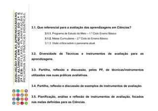3.1. Que referencial para a avaliação das aprendizagens em Ciências?
3.1.1. Programa de Estudo do Meio – 1.º Ciclo Ensino Básico
3.1.2. Metas Curriculares – 2.º Ciclo do Ensino Básico
3.1.3. Visão crítica sobre o panorama atual.

3.2. Diversidade de Técnicas e instrumentos de avaliação para as
aprendizagens.

3.3. Partilha, reflexão e discussão, pelos PF, de técnicas/instrumentos
utilizados nas suas práticas avaliativas.

3.4. Partilha, reflexão e discussão de exemplos de instrumentos de avaliação.

3.5. Planificação, análise e reflexão de instrumentos de avaliação, focados
nas metas definidas para as Ciências.

 