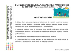 3.1.1. QUE REFERENCIAL PARA A AVALIAÇÃO DAS APRENDIZAGENS
EM CIÊNCIAS? Programa de Estudo do Meio – 1.º CEB

OBJETIVOS GERAIS
6. Utilizar alguns processos simples de conhecimento da realidade envolvente (observar,
descrever, formular questões e problemas, avançar possíveis respostas, ensaiar, verificar),
assumindo uma atitude de permanente pesquisa e experimentação.
7. Selecionar diferentes fontes de informação (orais, escritas, observação…etc.) e utilizar
diversas formas de recolha e de tratamento de dados simples (entrevistas, inquéritos, cartazes,
gráficos, tabelas).
8. Utilizar diferentes modalidades para comunicar a informação recolhida.
9. Desenvolver hábitos de higiene pessoal e de vida saudável utilizando regras básicas de
segurança e assumindo uma atitude atenta em relação ao consumo.

Ministério da Educação (2004)

 