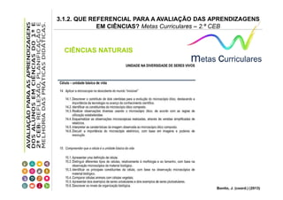 3.1.2. QUE REFERENCIAL PARA A AVALIAÇÃO DAS APRENDIZAGENS
EM CIÊNCIAS? Metas Curriculares – 2.º CEB

CIÊNCIAS NATURAIS

Bonito, J. (coord.) (2013)

 