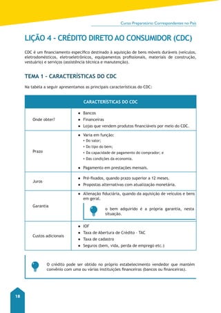 Curso Preparatório Correspondentes no País 
18 
LIÇÃO 4 - CRÉDITO DIRETO AO CONSUMIDOR (CDC) 
CDC é um financiamento específico destinado à aquisição de bens móveis duráveis (veículos, 
eletrodomésticos, eletroeletrônicos, equipamentos profissionais, materiais de construção, 
vestuário) e serviços (assistência técnica e manutenção). 
Tema 1 – Características do CDC 
Na tabela a seguir apresentamos as principais características do CDC: 
CARACTERÍSTICAS DO CDC 
Onde obter? 
●● Bancos 
●● Financeiras 
●● Lojas que vendem produtos financiáveis por meio do CDC. 
Prazo 
●● Varia em função: 
▪▪Do valor; 
▪▪Do tipo do bem; 
▪▪Da capacidade de pagamento do comprador; e 
▪▪Das condições da economia. 
●● Pagamento em prestações mensais. 
Juros 
●● Pré-fixados, quando prazo superior a 12 meses. 
●● Propostas alternativas com atualização monetária. 
Garantia 
●● Alienação fiduciária, quando da aquisição de veículos e bens 
em geral. 
o bem adquirido é a própria garantia, nesta 
situação. 
Custos adicionais 
●● IOF 
●● Taxa de Abertura de Crédito – TAC 
●● Taxa de cadastro 
●● Seguros (bem, vida, perda de emprego etc.) 
O crédito pode ser obtido no próprio estabelecimento vendedor que mantém 
convênio com uma ou várias instituições financeiras (bancos ou financeiras). 
 