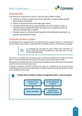 Módulo 3 - Produtos e Serviços 
27 
Saldo Devedor 
A instituição que originalmente realizou a operação deve obrigatoriamente: 
●● Informar ao cliente, sempre que lhe for solicitado, o valor do saldo devedor 
para quitação antecipada. 
●● Prestar os esclarecimentos solicitados pelo cliente. 
●● Fornecer planilha de cálculo que possibilite, de forma simples e clara, a 
conferência da evolução da dívida, de acordo com as regras previstas no 
contrato assinado entre as partes. 
●● Fornecer cópia do contrato firmado quando da formalização da operação, ou 
quando solicitado pelo Cliente. 
Condições do Novo Crédito 
As condições da nova operação devem ser negociadas entre o próprio cliente e a instituição que 
lhe concederá o novo crédito, a qual efetivará a transferência para a amortização ou quitação. 
As condições de concessão do novo crédito para amortizar ou 
quitar a operação original não podem ser negociadas entre as duas 
instituições financeiras! 
No entanto, a transferência dos recursos para a instituição originalmente credora será feita 
direta e exclusivamente pela instituição com a qual o novo contrato será firmado. 
Não podem ser cobradas tarifas para a transferência de operações de crédito ou de arrendamento 
mercantil de uma instituição para outra. 
É vedada a cobrança de tarifas relativas aos custos da transferência de recursos de uma 
instituição para outra e para fins de quitação antecipada de contratos de operações de crédito 
e de arrendamento mercantil. 
Cliente deve verificar sempre os seguintes itens, nesta situação: 
planilha com 
cálculos 
saldo devedor a 
liquidar 
negociação 
cliente X banco 
novo contrato 
 