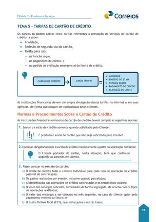 Módulo 3 - Produtos e Serviços 
35 
Tema 5 - Tarifas de Cartão de Crédito 
Os bancos só podem cobrar cinco tarifas referentes à prestação de serviços de cartão de 
crédito, a saber: 
●● Anuidade, 
●● Emissão de segunda via do cartão, 
●● Tarifa para uso: 
▪▪ na função saque, 
▪▪ no pagamento de contas, e 
▪▪ no pedido de avaliação emergencial do limite de crédito. 
Cartão de crédito cinco tarifas 
●● anuaddei 
●●eimossã de 2º aiv 
●● funoãç aqsue 
●●aaegmnopt de acnost 
●●eelvaoãç de eiilmt 
As instituições financeiras devem dar ampla divulgação dessas tarifas na internet e em suas 
agências, de forma que possam ser comparadas pelos clientes. 
Normas e Procedimentos Sobre o Cartão de Crédito 
As instituições financeiras emissoras de cartão de crédito devem cumprir as seguintes normas: 
1. Enviar o cartão de crédito somente quando solicitado pelo Cliente. 
É proibido o envio de cartão que não seja solicitado pelo cliente! 
2. Cancelar obrigatoriamente o cartão de crédito imediatamente a partir da solicitação do Cliente. 
O Cliente portador do cartão, nesta situação, terá que continuar 
pagando as parcelas em aberto. 
3. Fazer constar no extrato do cartão: 
a) O limite de crédito total e o limite individual para cada tipo de operação de crédito 
passível de contratação; 
b) Os gastos realizados por evento, inclusive quando parcelados; 
c) A identificação das operações de crédito contratadas e os respectivos valores; 
d) O valor dos encargos cobrados, informados de forma segregada, de acordo com os tipos 
de operações realizadas; 
e) O valor dos encargos a ser cobrado no mês seguinte, no caso do cliente optar pelo 
pagamento mínimo da fatura; e 
f) O Custo Efetivo Total (CET), que inclui juros e outras taxas. 
 