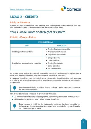 Módulo 3 - Produtos e Serviços 
9 
LIÇÃO 2 - CRÉDITO 
Início de Conversa 
A definição clássica do Crédito é crer, acreditar, mas a definição técnica do crédito é dada por: 
uma boa análise técnica, um bom histórico e por ultimo, o bom senso. 
Tema 1 - Modalidades de Operações de Crédito 
Crédito – Pessoas Físicas 
Pessoas Físicas 
Tipo Finalidade 
Crédito para financiar bens 
●● Crédito Direto ao Consumidor 
●● Arrendamento Mercantil 
●● Empréstimo Imobiliário 
Empréstimo sem destinação específica 
●● Cheque Especial 
●● Crédito Pessoal 
●● Crédito Consignado 
●● Conta Garantida 
●● Nota Promissória 
Na pratica, cada análise de crédito à Pessoa Física considera as informações cadastrais e a 
situação econômico-financeira, procurando avaliar o potencial do cliente. 
A concessão do crédito varia de instituição para instituição. Uma Instituição mais agressiva 
com relação ao risco pode aprovar créditos para cliente que possui o histórico de mau pagador, 
por exemplo. 
Quanto mais rígido for o critério de concessão de crédito menor será o numero 
de propostas aprovadas. 
Para efeito de análise e concessão de créditos são utilizadas: 
●● As informações contidas no cadastro positivo (conforme já abordamos no Módulo 1); e 
●● O histórico de pagamento de cada tomador de crédito. 
Para compor o histórico de pagamento podemos também consultar as 
informações dos cadastros de anotações restritivas do Serviço de Proteção 
ao Crédito (SPC) e SERASA. 
 