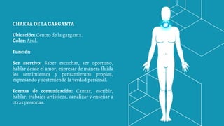 CHAKRA DE LA GARGANTA
Ubicación: Centro de la garganta.
Color: Azul.
Función:
Ser asertivo: Saber escuchar, ser oportuno,
hablar desde el amor, expresar de manera fluida
los sentimientos y pensamientos propios,
expresando y sosteniendo la verdad personal.
Formas de comunicación: Cantar, escribir,
hablar, trabajos artísticos, canalizar y enseñar a
otras personas.
 