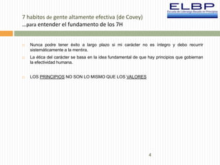4 
7 habitos de gente altamente efectiva (de Covey) 
…para entender el fundamento de los 7H 
 Nunca podre tener éxito a largo plazo si mi carácter no es íntegro y debo recurrir 
sistemáticamente a la mentira. 
 La ética del carácter se basa en la idea fundamental de que hay principios que gobiernan 
la efectividad humana. 
 LOS PRINCIPIOS NO SON LO MISMO QUE LOS VALORES 
 
