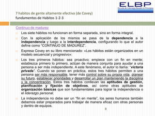 8 
7 habitos de gente altamente efectiva (de Covey) 
fundamentos de Habitos 1-2-3 
Continuo de madurez 
 Los siete hábitos no funcionan en forma separada, sino en forma integral. 
 Con la aplicación de los mismos se pasa de la dependencia a la 
independencia y luego a la interdependencia, configurando lo que el autor 
define como “CONTINUO DE MADUREZ”. 
 Expresa Covey en su libro mencionado: «Los hábitos están organizados en un 
modelo secuencial y progresivo»: 
 Los tres primeros hábitos: sea proactivo; empiece con un fin en mente; 
establezca primero lo primero, actúan de manera conjunta para ayudar a una 
persona a ser más independiente. A este fenómeno, el autor lo llama: “victoria 
privada”. Cuando se ponen en práctica, estos tres hábitos permiten a una 
persona ser más responsable, tener más control sobre su propia vida, planear 
su futuro, establecer prioridades y desarrollar un plan manteniendo la disciplina 
y la concentración. Estos tres hábitos conllevan las aptitudes de gestión, 
planificación y fijación de objetivos, así como otras aptitudes de 
organización básicas que son fundamentales para lograr la independencia o 
el liderazgo personal. 
 La independencia no debe ser un “fin en mente”, los seres humanos también 
debemos estar preparados para trabajar de manera eficaz con otras personas 
y dentro de equipos. 
 