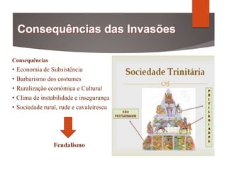 Consequências
• Economia de Subsistência
• Barbarismo dos costumes
• Ruralização económica e Cultural
• Clima de instabilidade e insegurança
• Sociedade rural, rude e cavaleiresca
Feudalismo
 