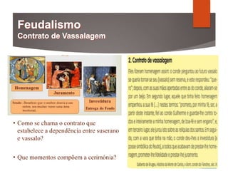 • Como se chama o contrato que
estabelece a dependência entre suserano
e vassalo?
• Que momentos compõem a cerimónia?
 