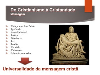  Crença num deus único
 Igualdade
 Amor Universal
 Justiça
 Tolerância
 Paz
 Perdão
 Caridade
 Vida eterna
 Salvação para todos
Universalidade da mensagem cristã
 